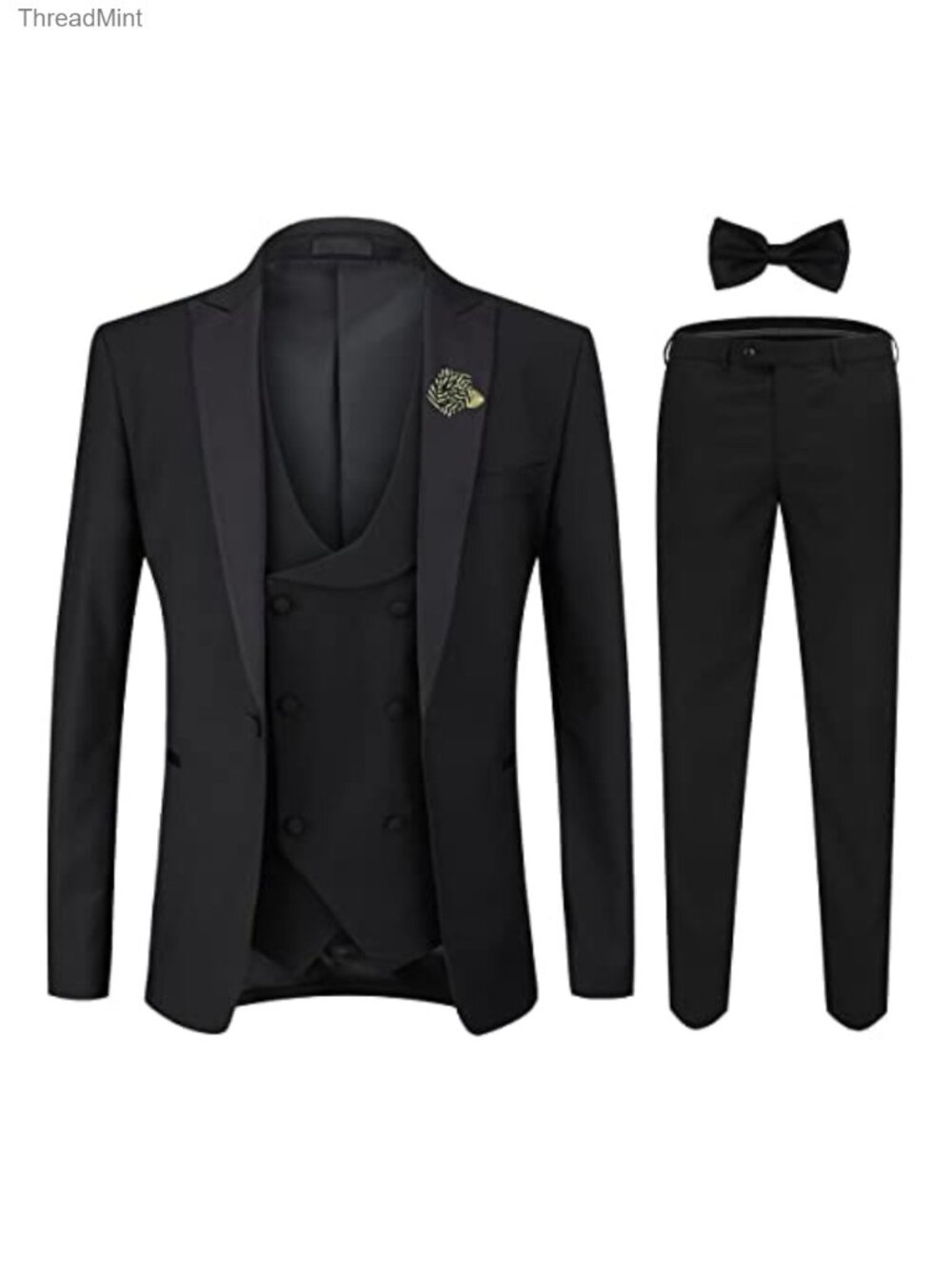 Men's 3 Piece Suit Slim Fit One Button Polyester Set with Vest Pants Brooch Bow